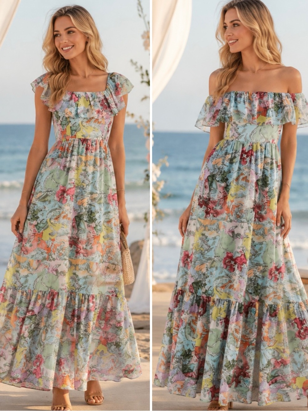 NWT Alice + Olivia Ruffled Off Shoulder Maxi Dress - Multi Print Boho Maxi Dress